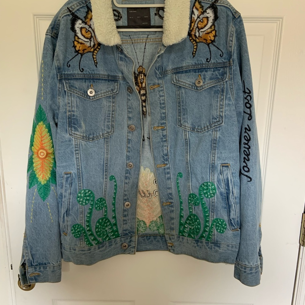 Zara Blue and Green Jean Jacket with Embroidery